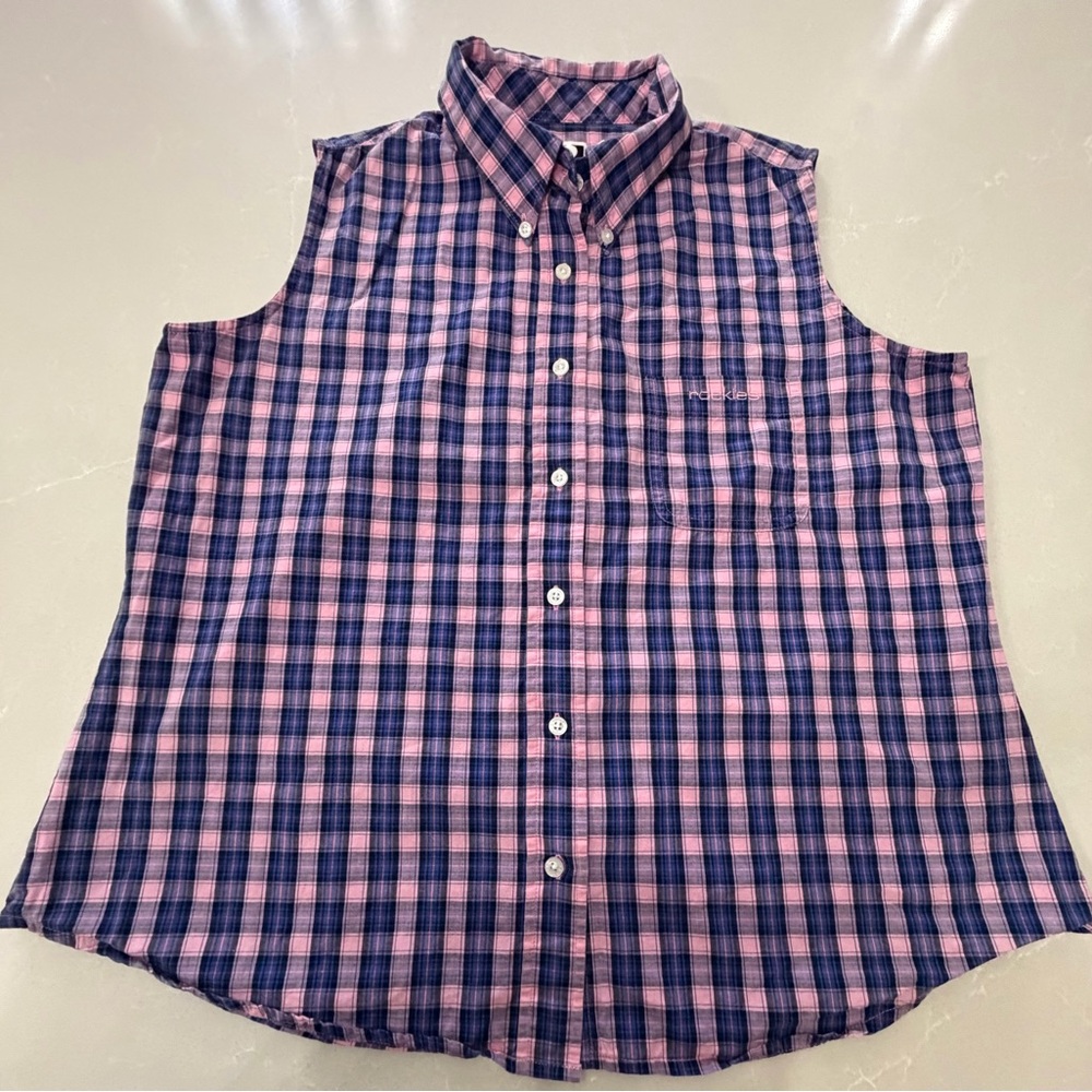 Rockies Pink and Navy Plaid Sleeveless Button-Up Top Large